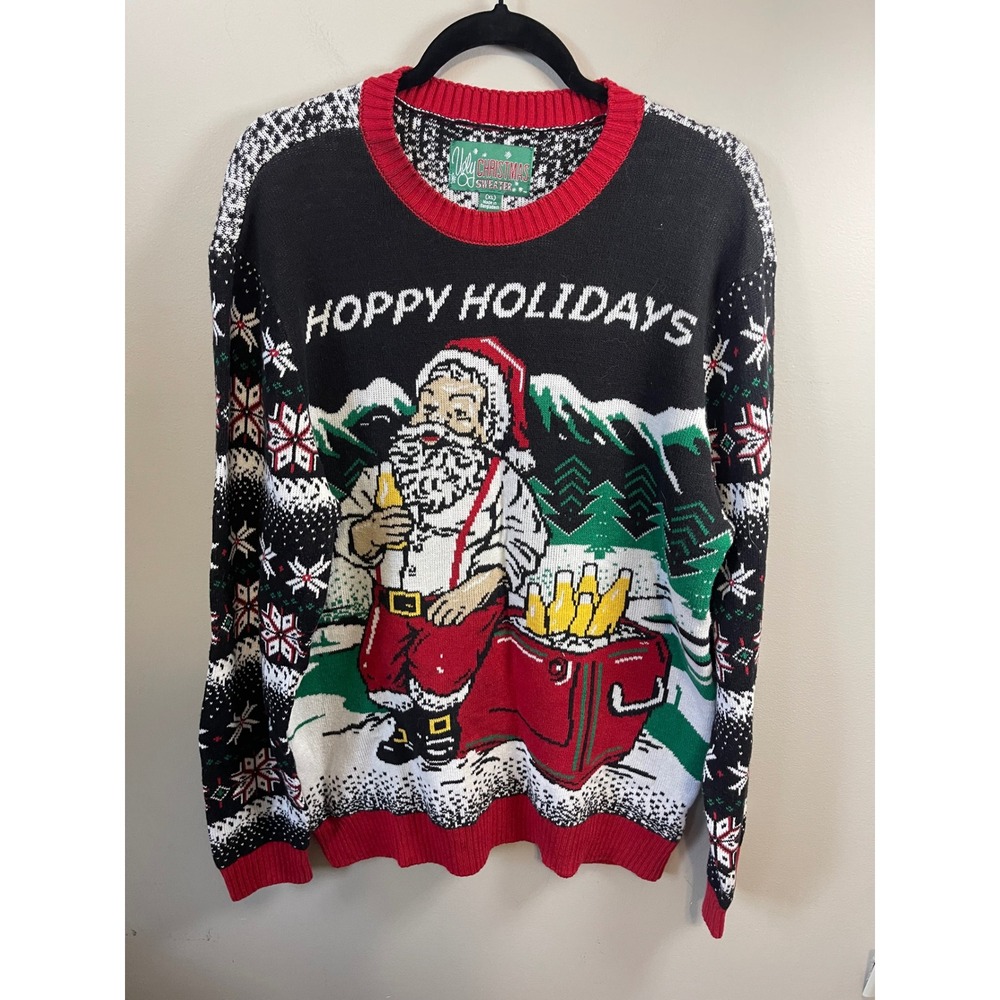 Ugly Christmas Sweater Hoppy Holidays Santa Beer Mens XL Black Red Knit Pullover